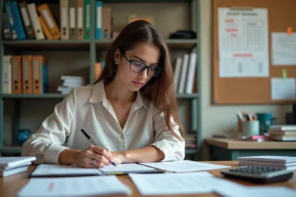 Jeune femme concentrée prenant des notes dans un bureau scolaire