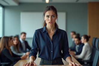 Jeune femme nerveuse à la conférence en pleine prise de parole