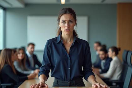 Jeune femme nerveuse à la conférence en pleine prise de parole