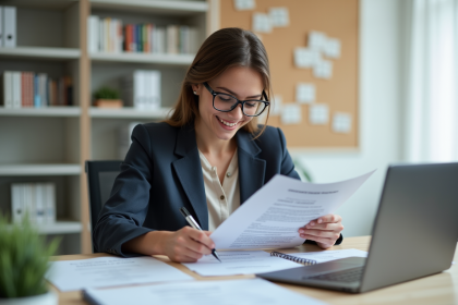 Jeune femme en blazer annotant un diplôme dans un bureau universitaire