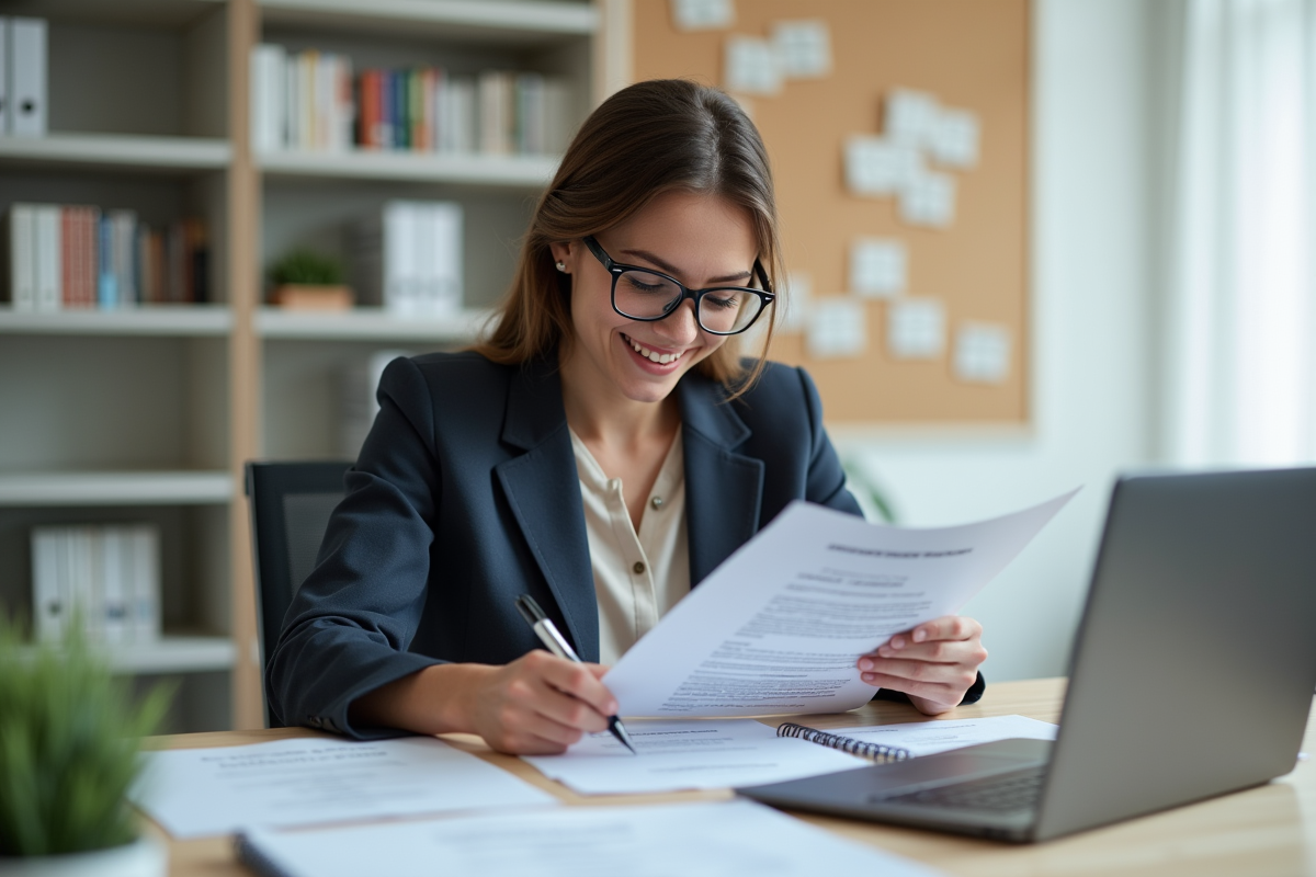 Jeune femme en blazer annotant un diplôme dans un bureau universitaire