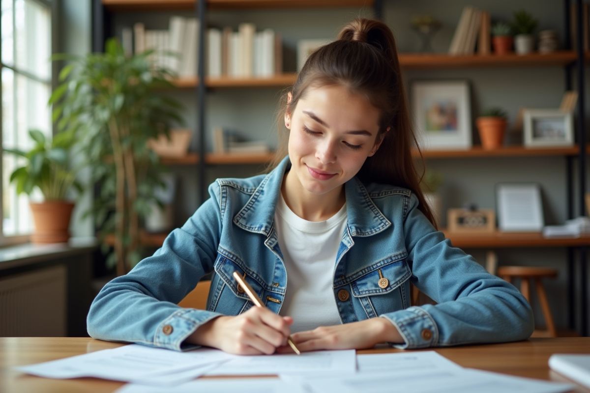 Jeune femme concentrée remplissant un formulaire EF dans un bureau lumineux