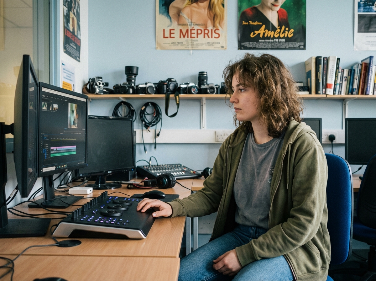 Jeune femme en train d'éditer une vidéo dans un laboratoire universitaire