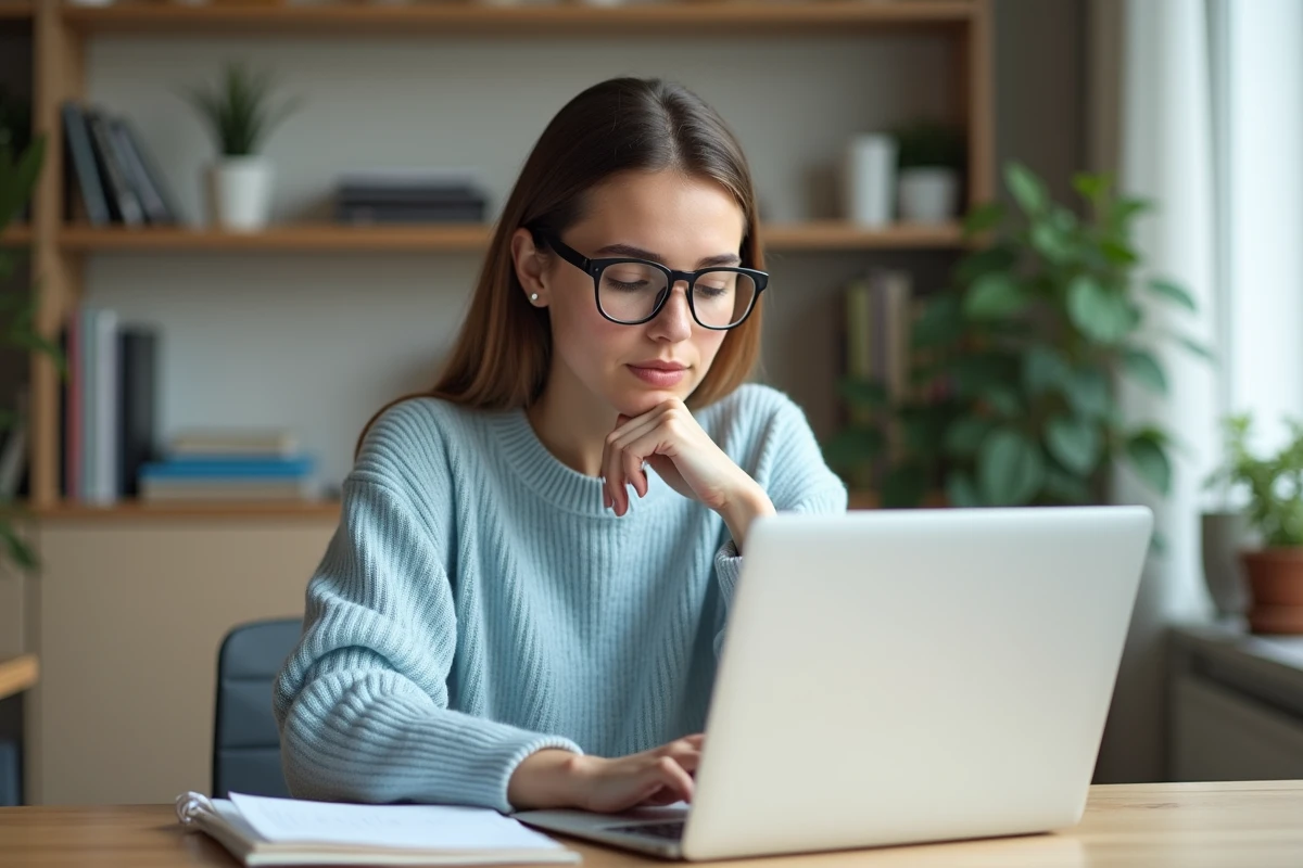 Jeune femme concentrée sur son ordinateur dans un espace d'étude calme