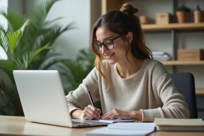 Jeune femme concentrée en étude dans un appartement lumineux