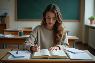 Jeune femme étudiante en classe universitaire concentrée sur ses notes