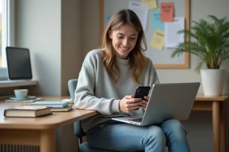 Jeune femme étudiant utilisant un ordinateur portable dans une chambre universitaire
