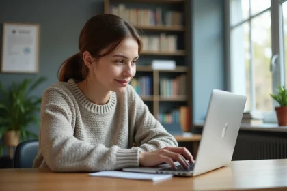 Jeune femme étudiante consulte ses notes sur un ordinateur dans une ambiance universitaire