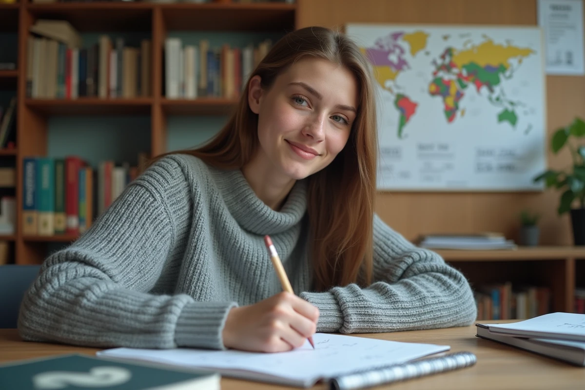 Jeune femme en sweater gris écrivant des formules mathématiques