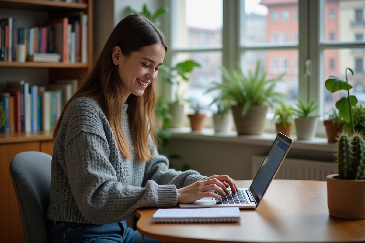 Jeune femme utilisant une application no-code dans un espace cosy