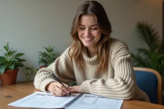 Jeune femme en sweater beige note ses notes d'études