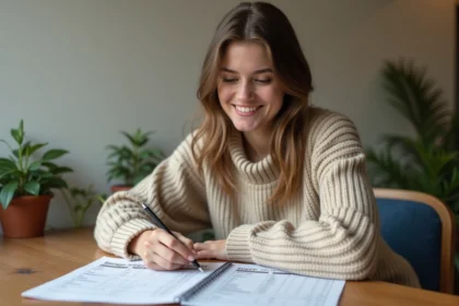 Jeune femme en sweater beige note ses notes d'études