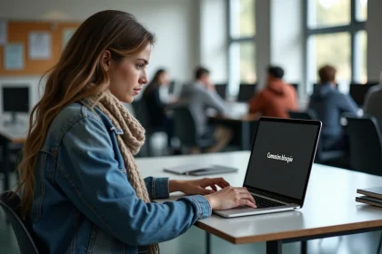 Jeune femme en denim devant un ordinateur bloqué