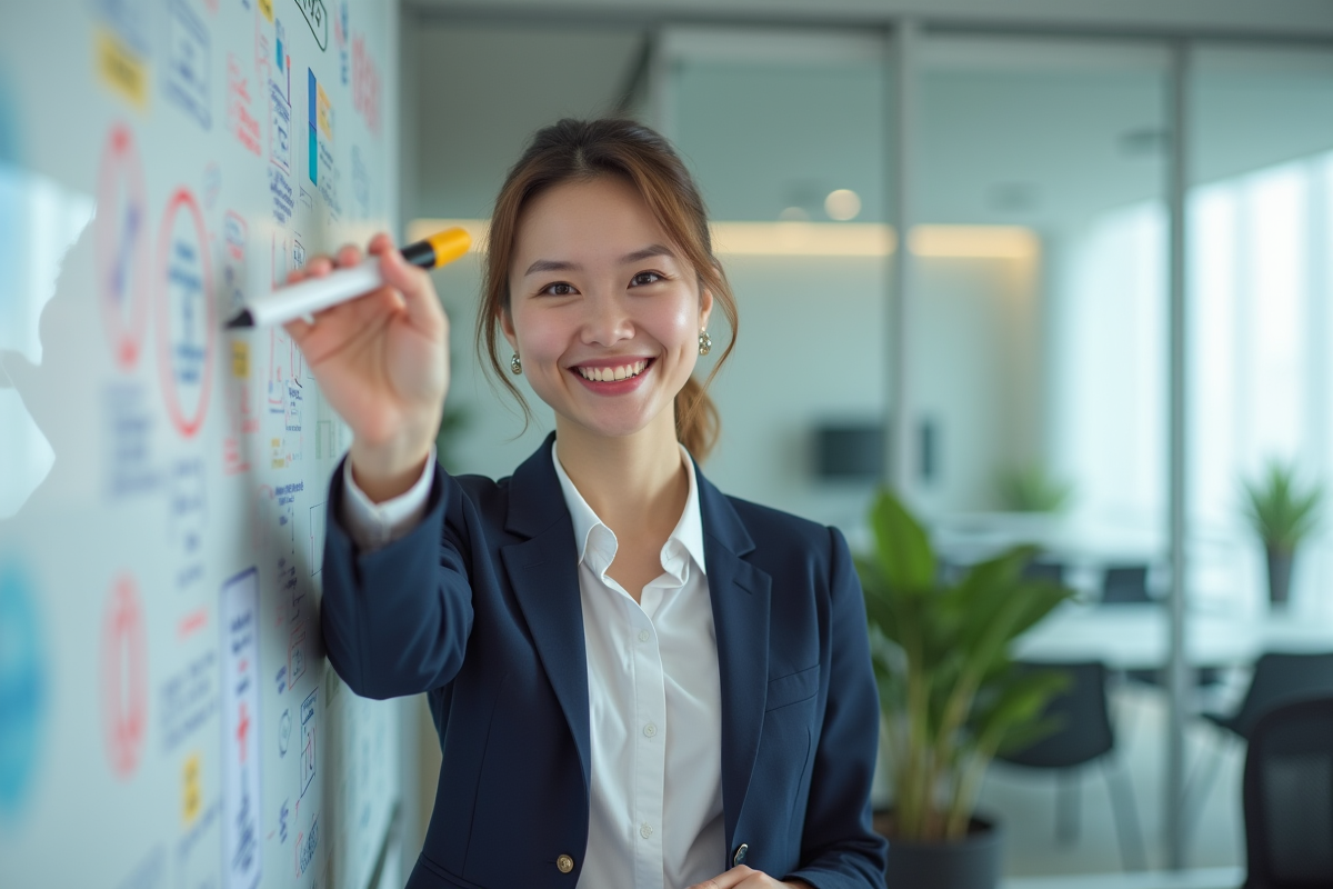 Jeune femme en présentation avec tableau blanc coloré