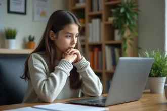Jeune fille concentrée sur un test IQ sur son ordinateur dans une salle d'étude