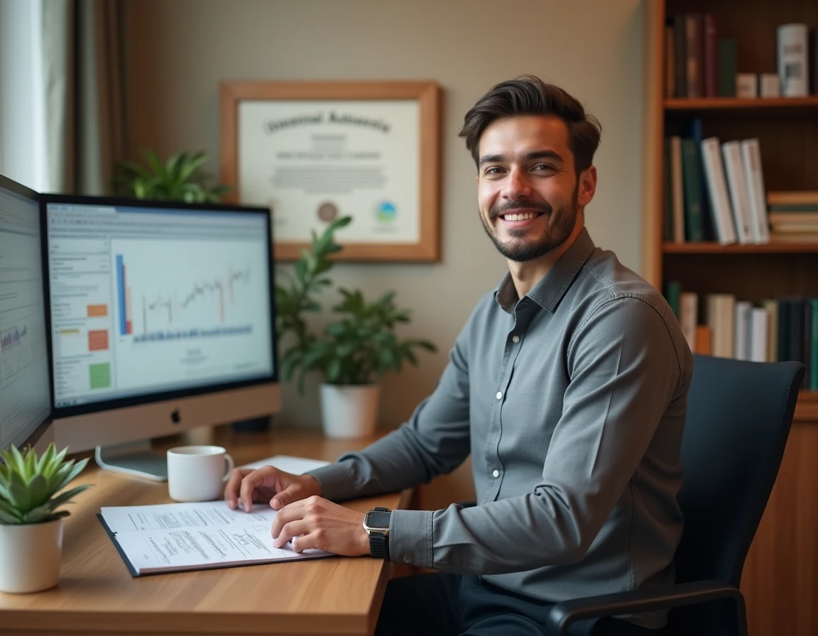Jeune homme en tenue professionnelle travaillant sur des analyses financières dans un bureau de conseil, illustrant les métiers bien payés accessibles après un bac STMG