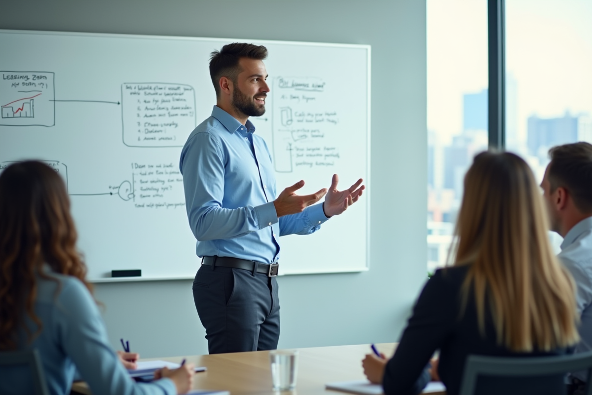 Jeune homme en réunion expliquant devant un tableau blanc