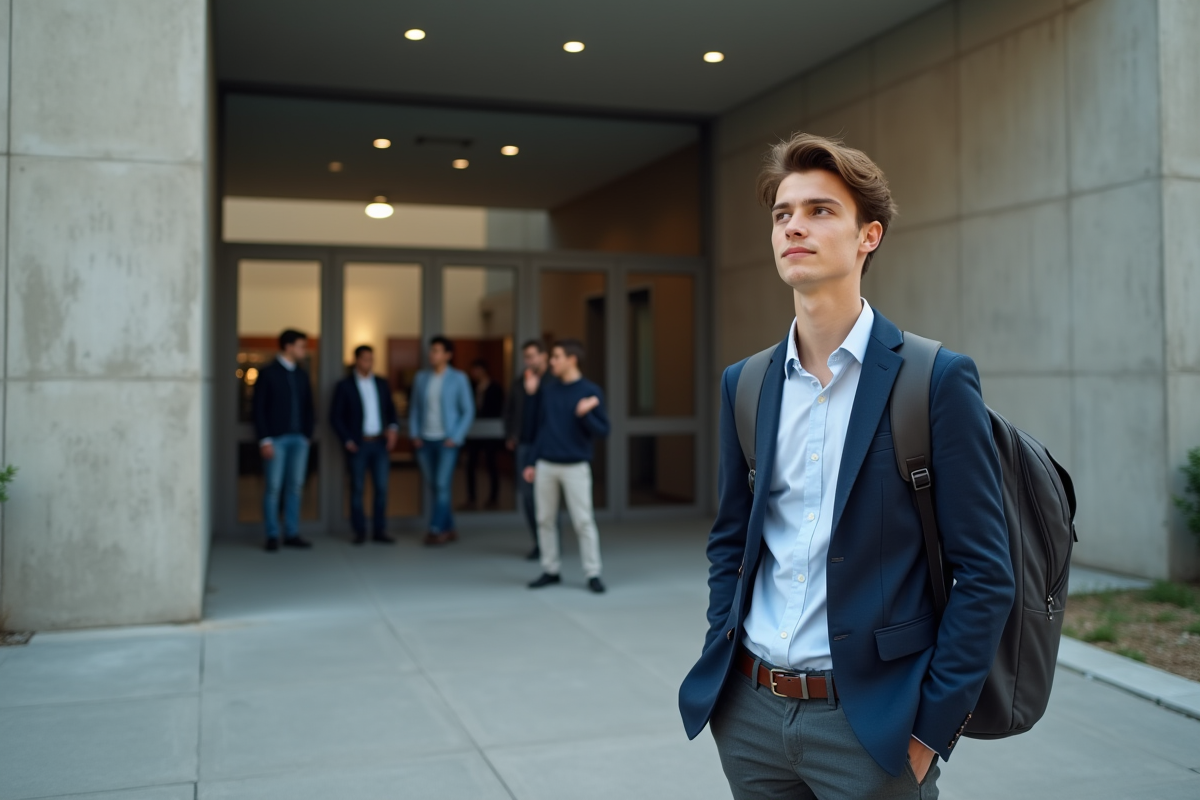 Jeune homme patient devant un centre de formation moderne