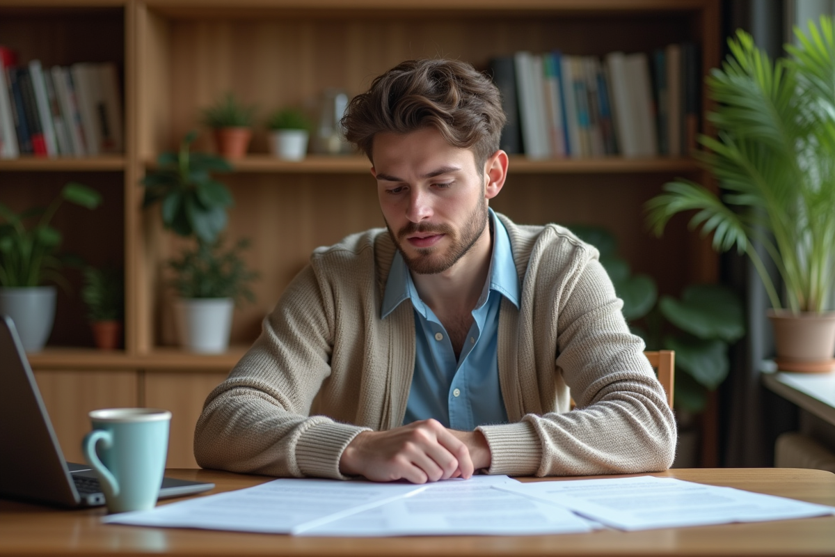Jeune homme étudiant ses certificats dans un cadre domestique chaleureux