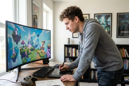 Jeune homme en hoodie travaillant sur un ordinateur en design 3D