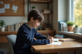 Jeune garçon de 14 ans écrivant une lettre dans un bureau cosy