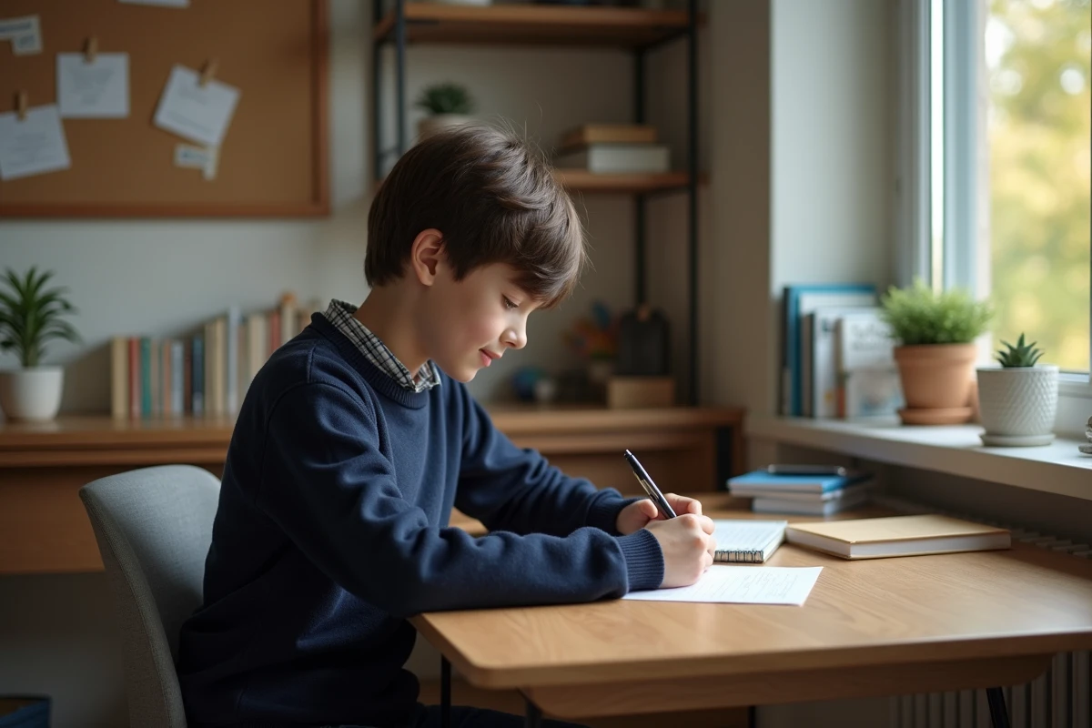 Jeune garçon de 14 ans écrivant une lettre dans un bureau cosy