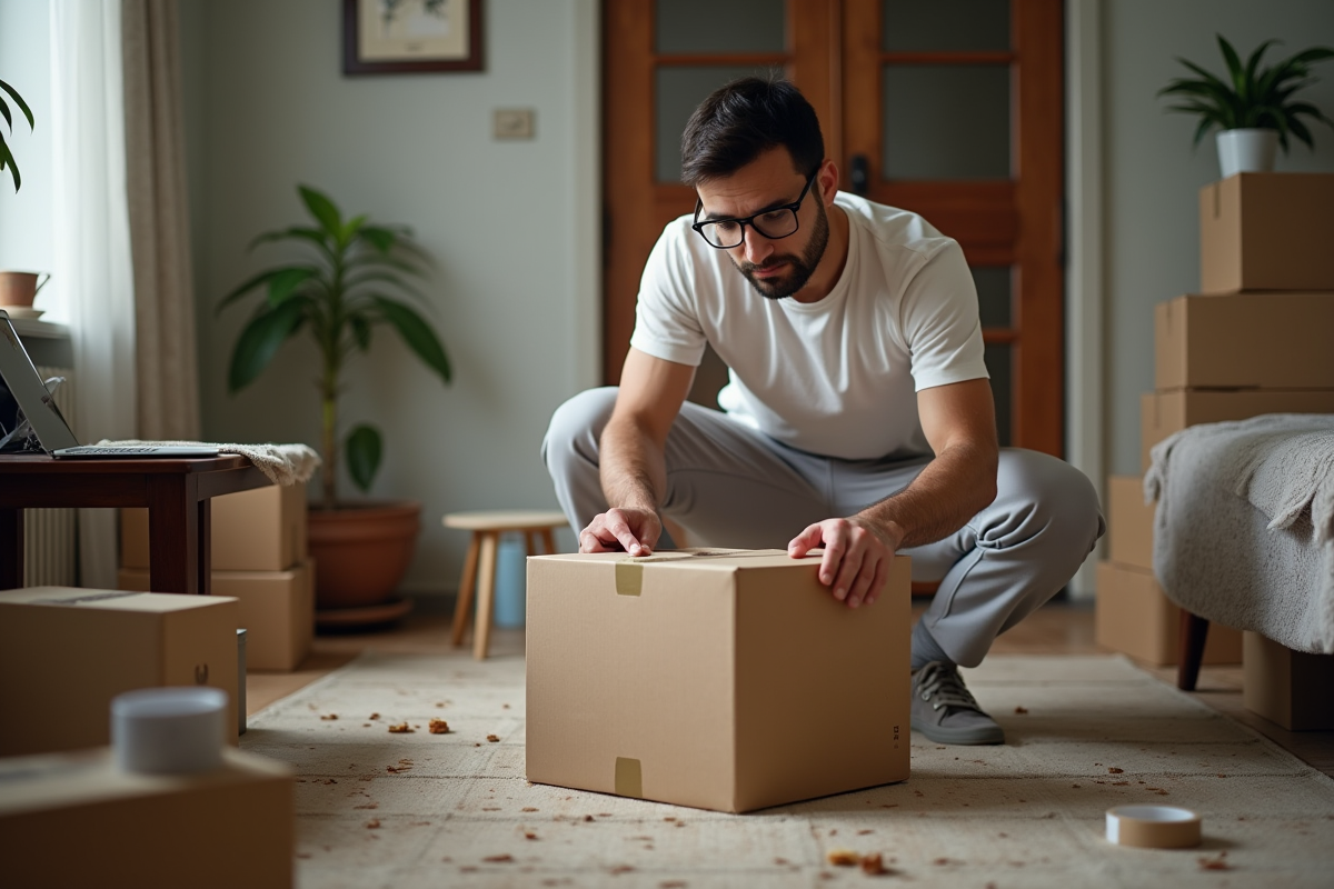 Jeune homme scellant un carton dans un salon désordonné