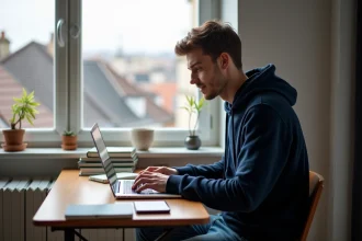Jeune homme étudiant concentré sur son ordinateur dans un appartement