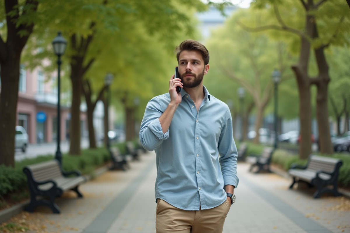 Jeune homme parlant au téléphone dans un parc urbain
