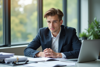 Jeune professionnel concentré au bureau avec diplome et documents