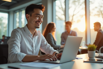 Jeune professionnel souriant au bureau avec ordinateur portable