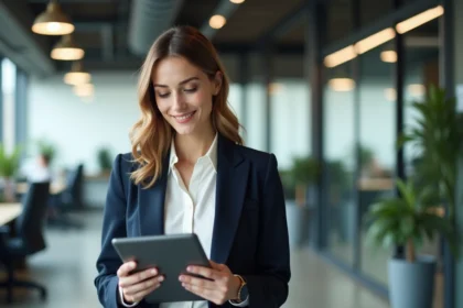 Jeune professionnelle en blazer marine tenant une tablette dans un bureau moderne, illustrant les débouchés de la filière STMG