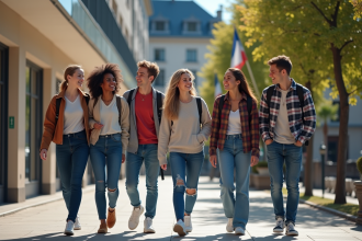 Jeunes lycéens français sortant de l'école en riant