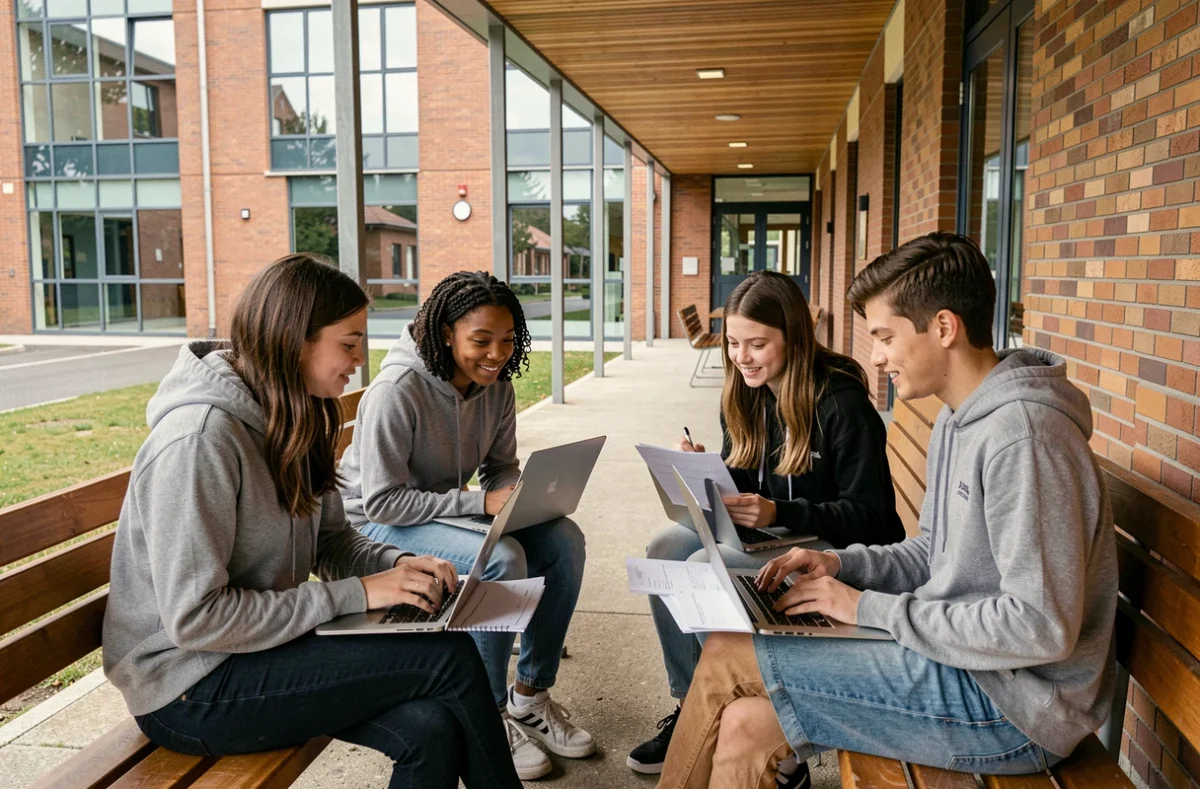 Groupe d'élèves collaborant en extérieur au lycée Jean-Paul II à Rouen