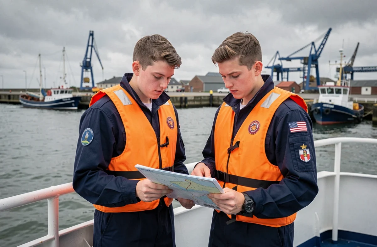 Élèves du Lycée Maritime de Cherbourg étudiant une carte de navigation sur un bateau au port