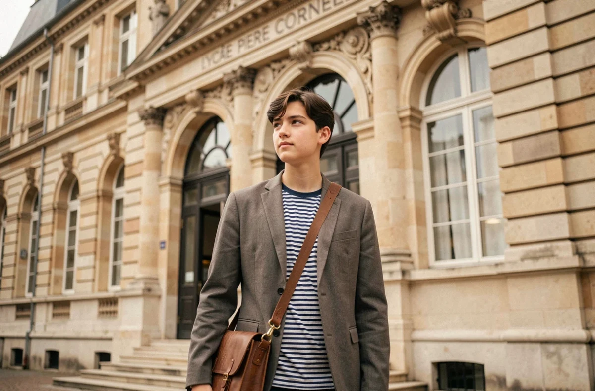 Élève devant l'entrée historique du lycée Pierre Corneille à Rouen