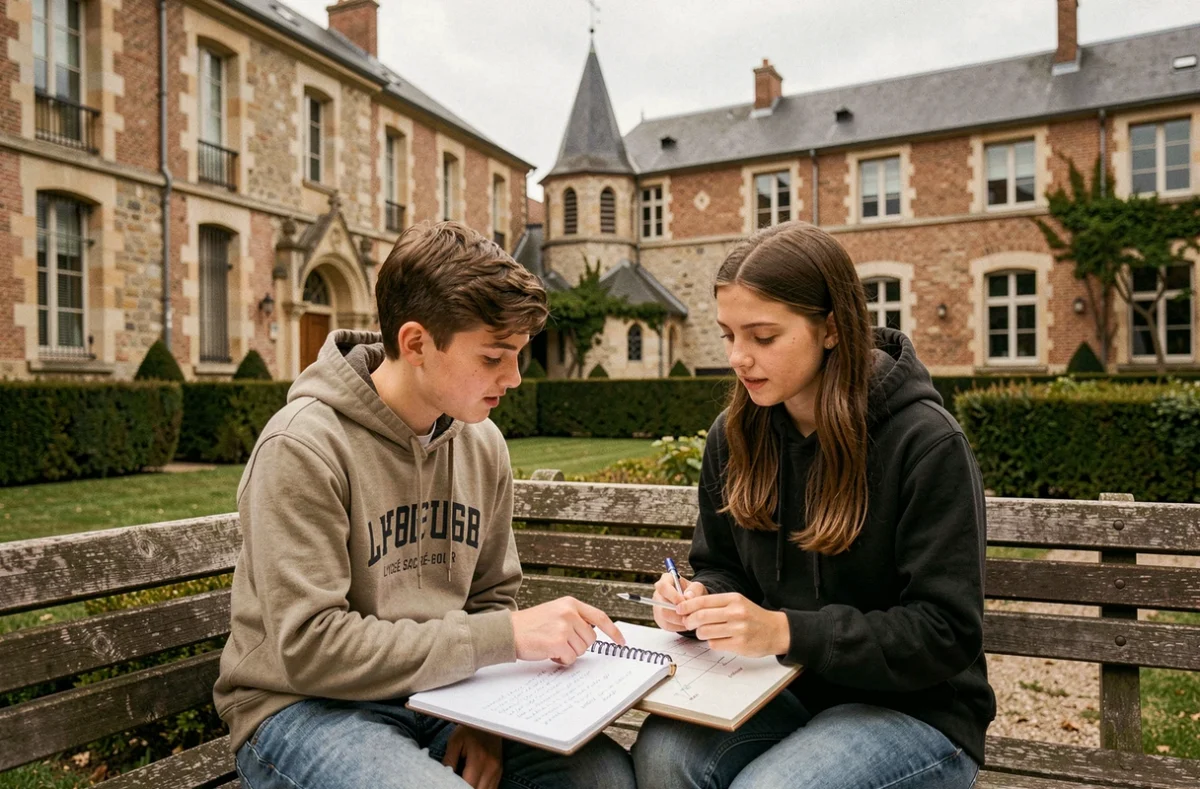 Deux élèves du lycée Sacré-Cœur à Rouen révisant dans la cour intérieure