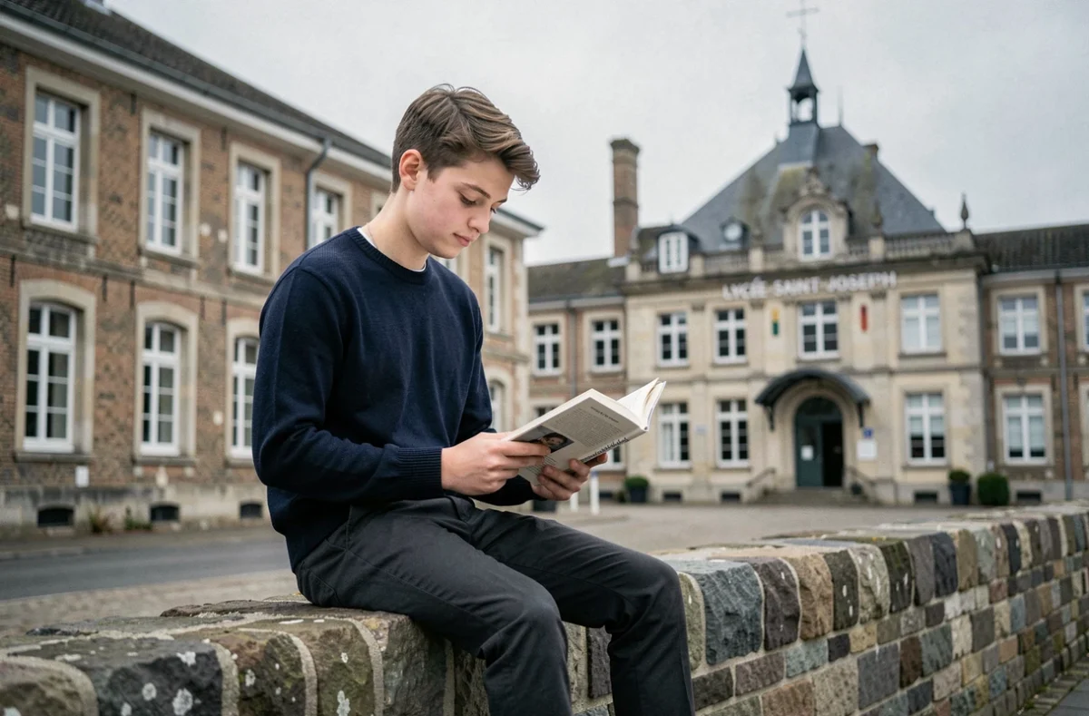 Lycéen lisant devant le lycée Saint-Joseph au Havre