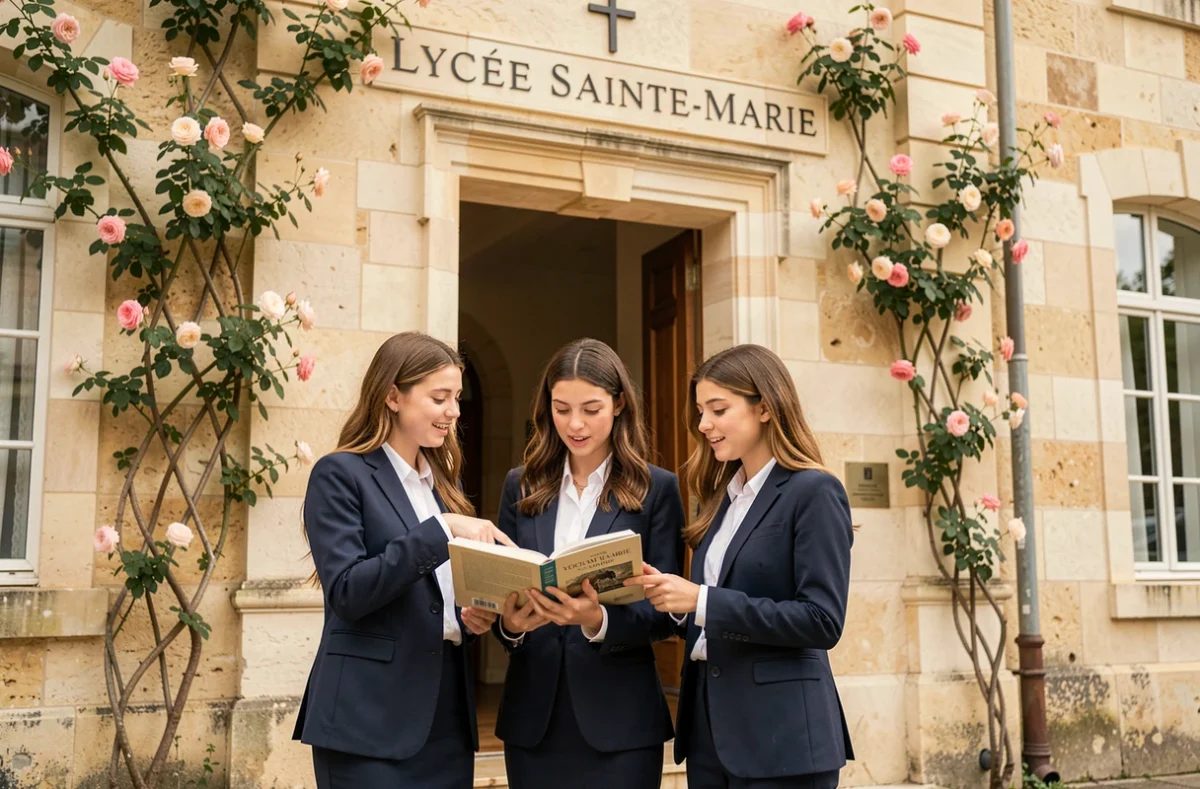 Élèves du lycée Sainte-Marie à Caen consultant un manuel scolaire ensemble