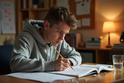 Lycéen révisant un exercice de trigonométrie dans sa chambre la veille d'un contrôle de maths en première
