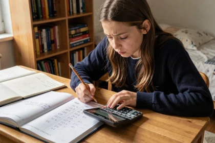 Lycéenne calculant sa moyenne avec coefficient sur une feuille de notes posée sur un bureau en bois