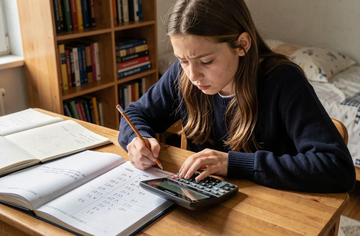Lycéenne calculant sa moyenne avec coefficient sur une feuille de notes posée sur un bureau en bois