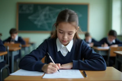 Lycéenne concentrée qui rédige un devoir surveillé sur les vecteurs en classe