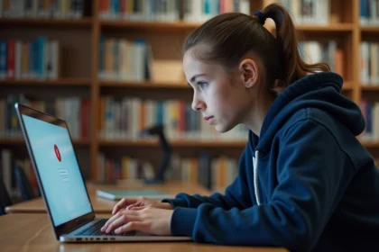 Lycéenne frustrée face à une erreur de connexion sur l'ENT Aisne depuis un ordinateur portable en bibliothèque scolaire