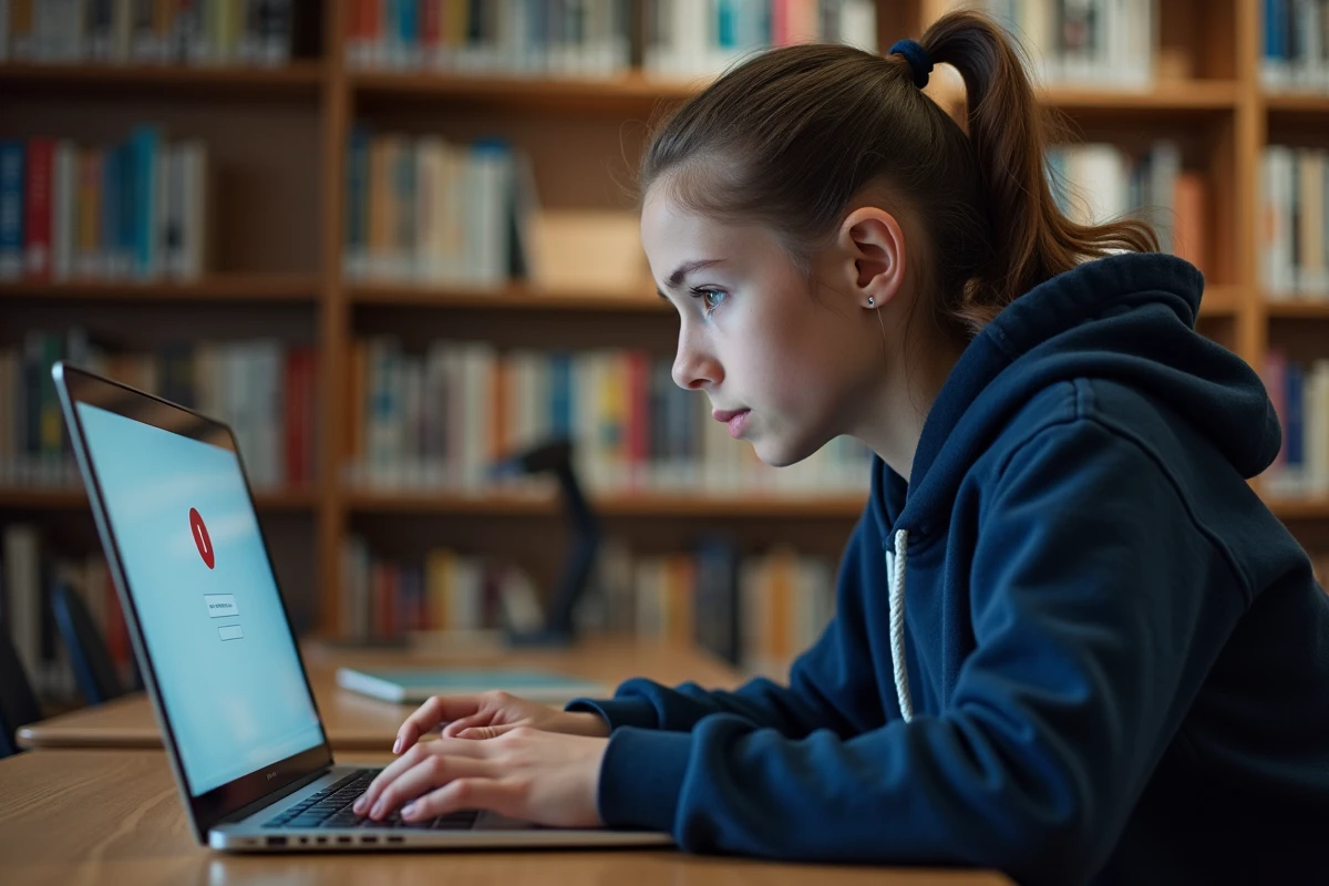 Lycéenne frustrée face à une erreur de connexion sur l'ENT Aisne depuis un ordinateur portable en bibliothèque scolaire
