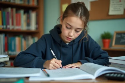 Lycéenne qui révise les coefficients du bac S en mathématiques à son bureau, entourée de cahiers et d'une calculatrice