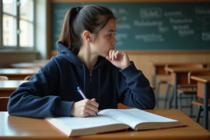 Lycéenne de terminale révisant ses notes de philosophie pour le bac 2026 dans une salle de classe française