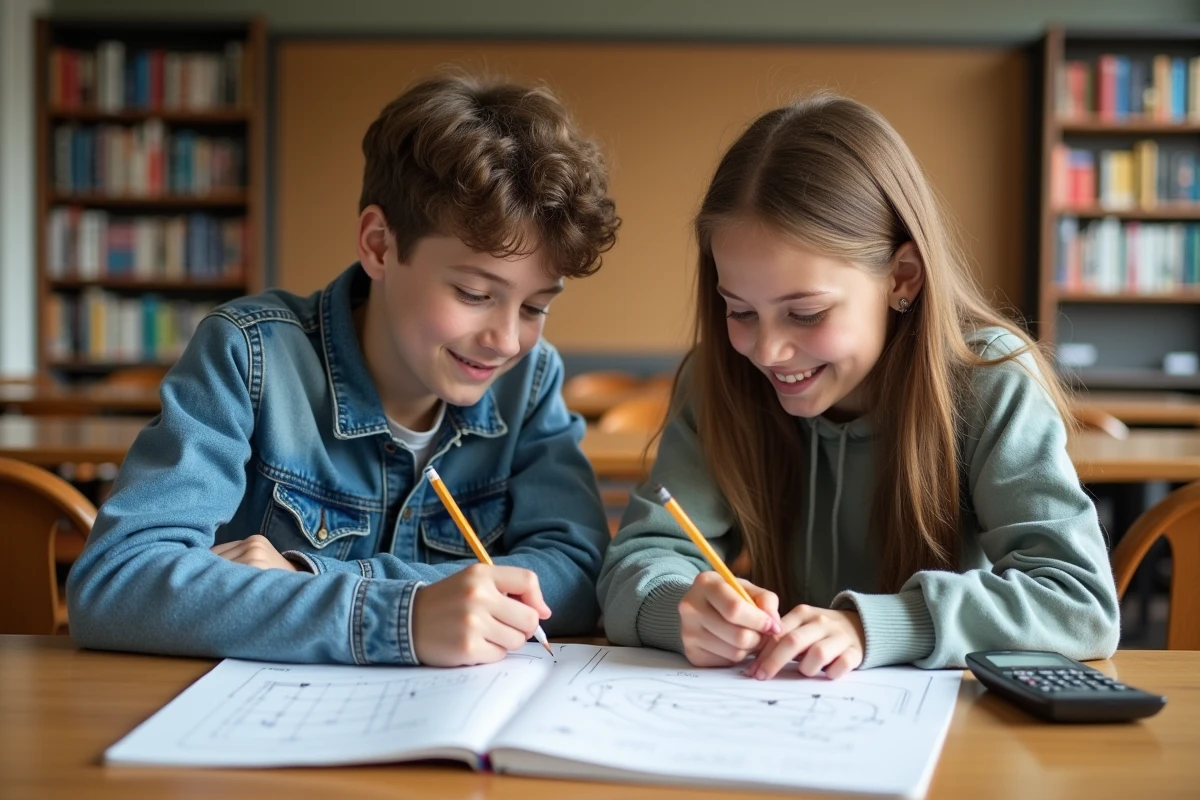 Deux lycéens qui travaillent ensemble sur des exercices de vecteurs dans une bibliothèque scolaire