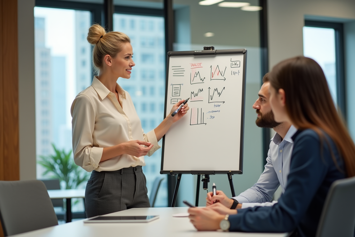 Manager féminine expliquant des graphiques à ses collègues