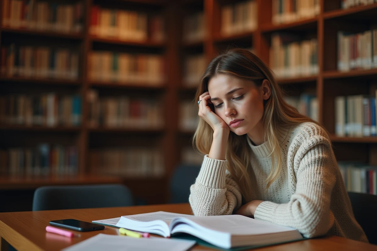 Femme adulte démotivée à une table de bibliothèque avec un cahier de formation non utilisé illustrant le manque d'engagement sur la durée